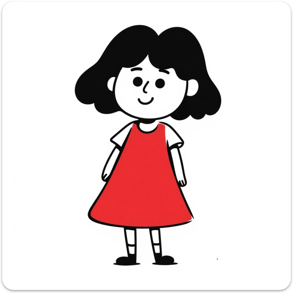 Lilo-inspired girl, hand-drawn doodle style, red dress, black hair, cheerful look sticker