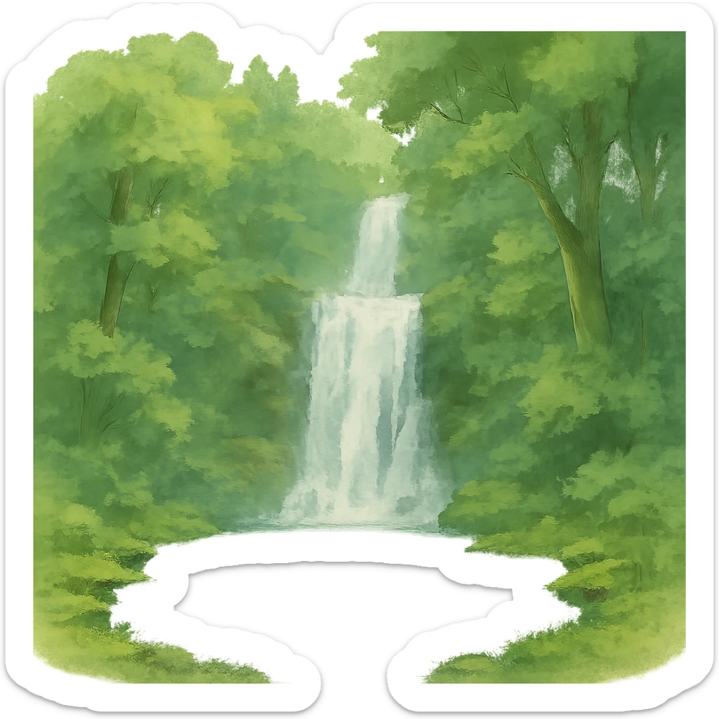 waterfall then lake and the rest of the waterfall in forest, natural colors, soft, fairy-like atmosphere, no background, square size sticker