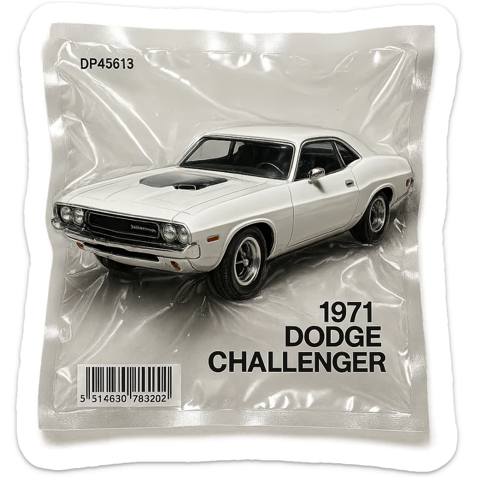 classic white 1971 Dodge Challenger, shiny and inflated, inspired by the film 'Death Proof' sticker