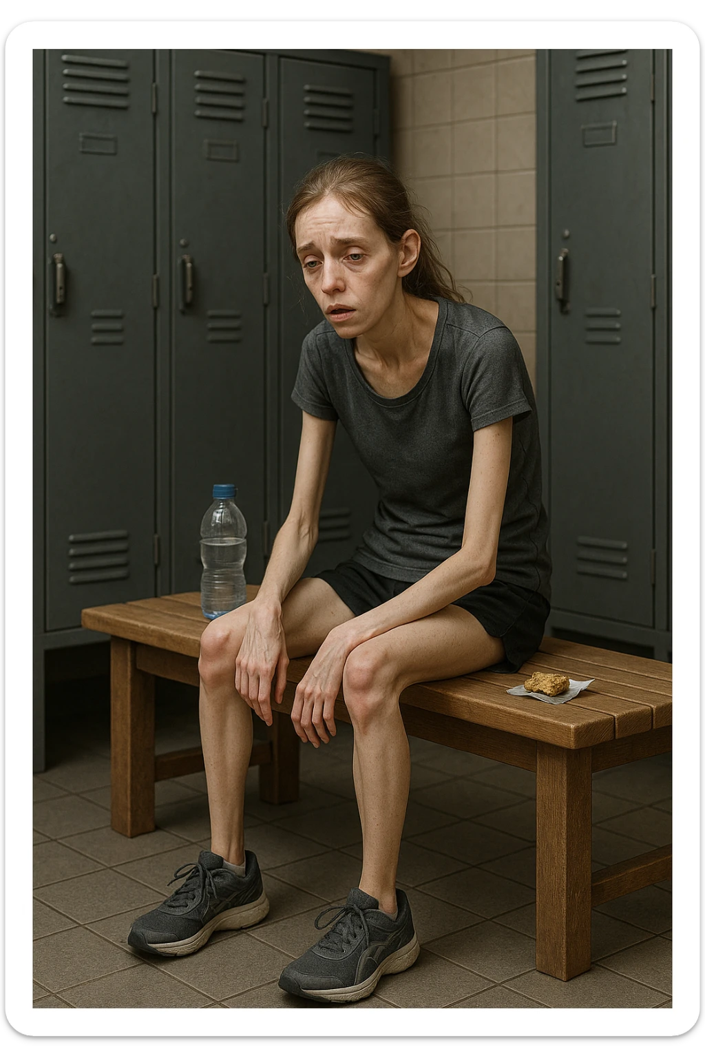 3D rendered scene: a woman in her 20s wearing running clothes sits on a bench in a locker room, looking exhausted and weak. Her face shows signs of fatigue, and her limbs appear thin and lacking muscle tone. A water bottle and a small, half-eaten snack are beside her, hinting at insufficient nutrition. The environment is realistic, with a focus on her physical and emotional state. sticker