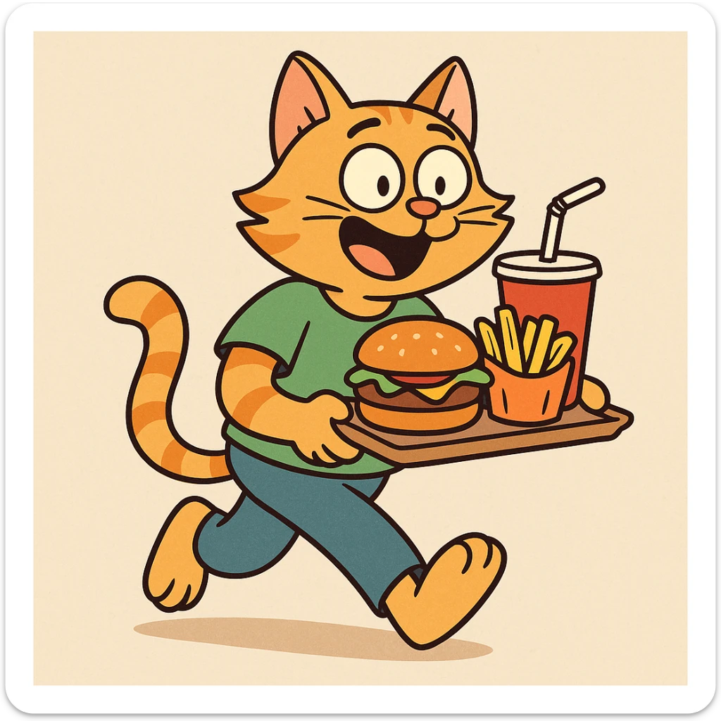 cat carrying food, colorful and cheerful cartoon style, vibrant and lively sticker