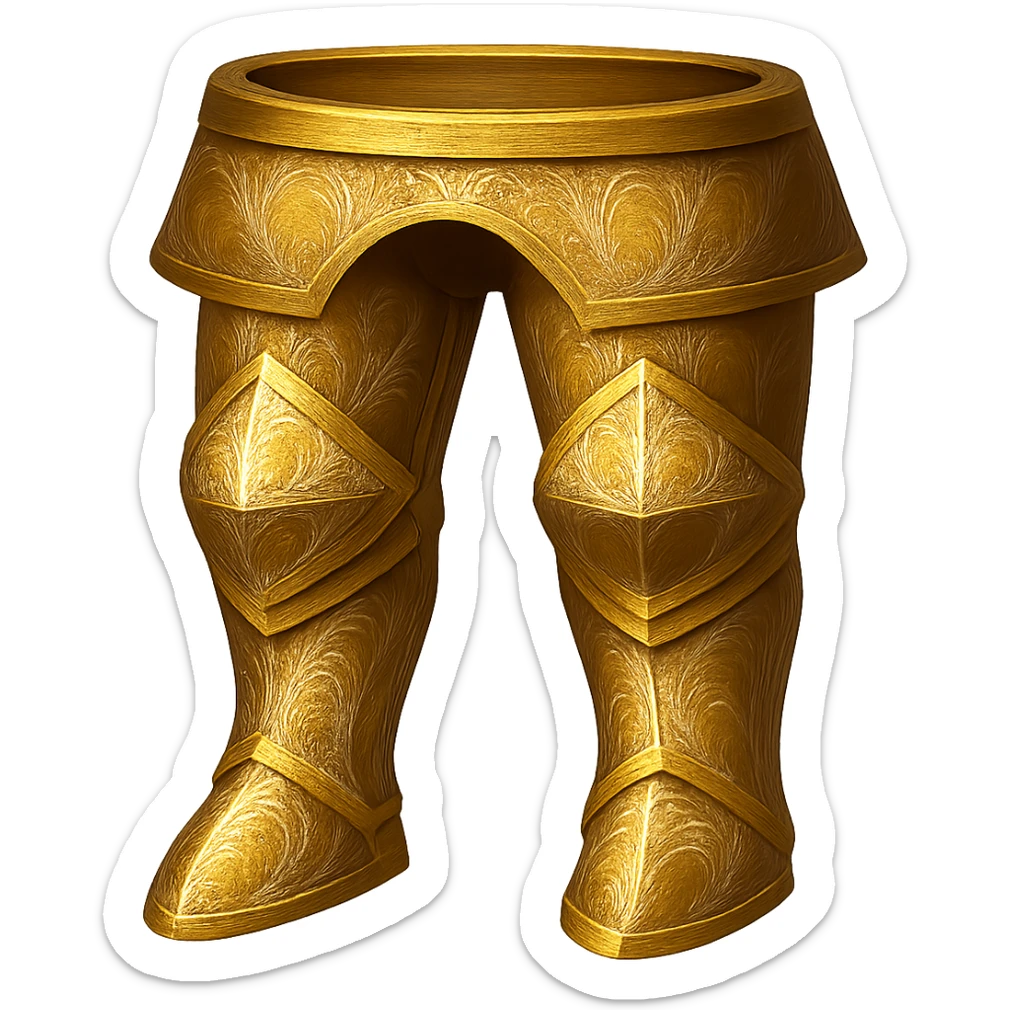 Recolor these platelegs to a plated gold color with ornate engravings inlaid with silver. The gold should be rich and metallic, and the engravings should have a bright, reflective silver finish. Keep the exact shape and proportions of the original platelegs. Transparent background. The original style is armor illustration. sticker