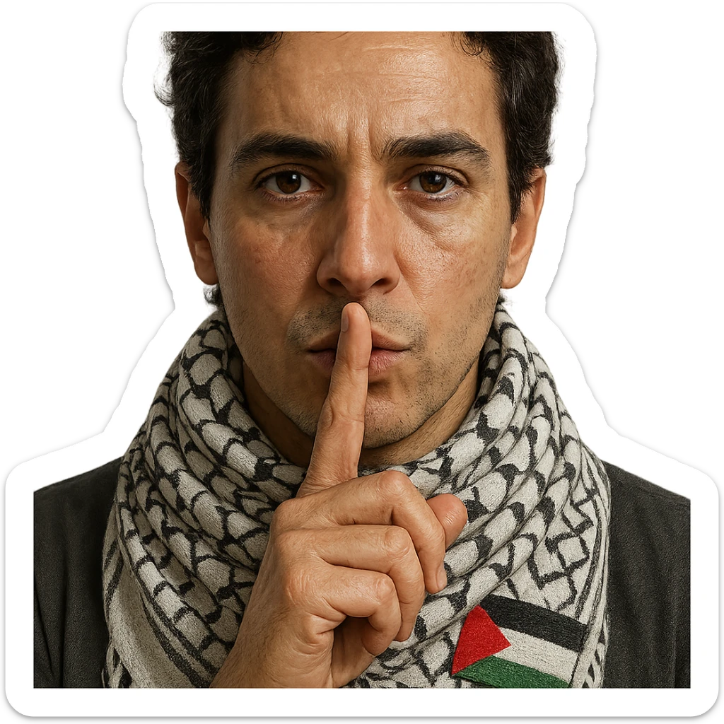 a person with a finger on their lips in a 'shh' gesture, Palestinian scarf (kufiya) around the neck, and a small Palestinian flag detail on the scarf, detailed, realistic sticker