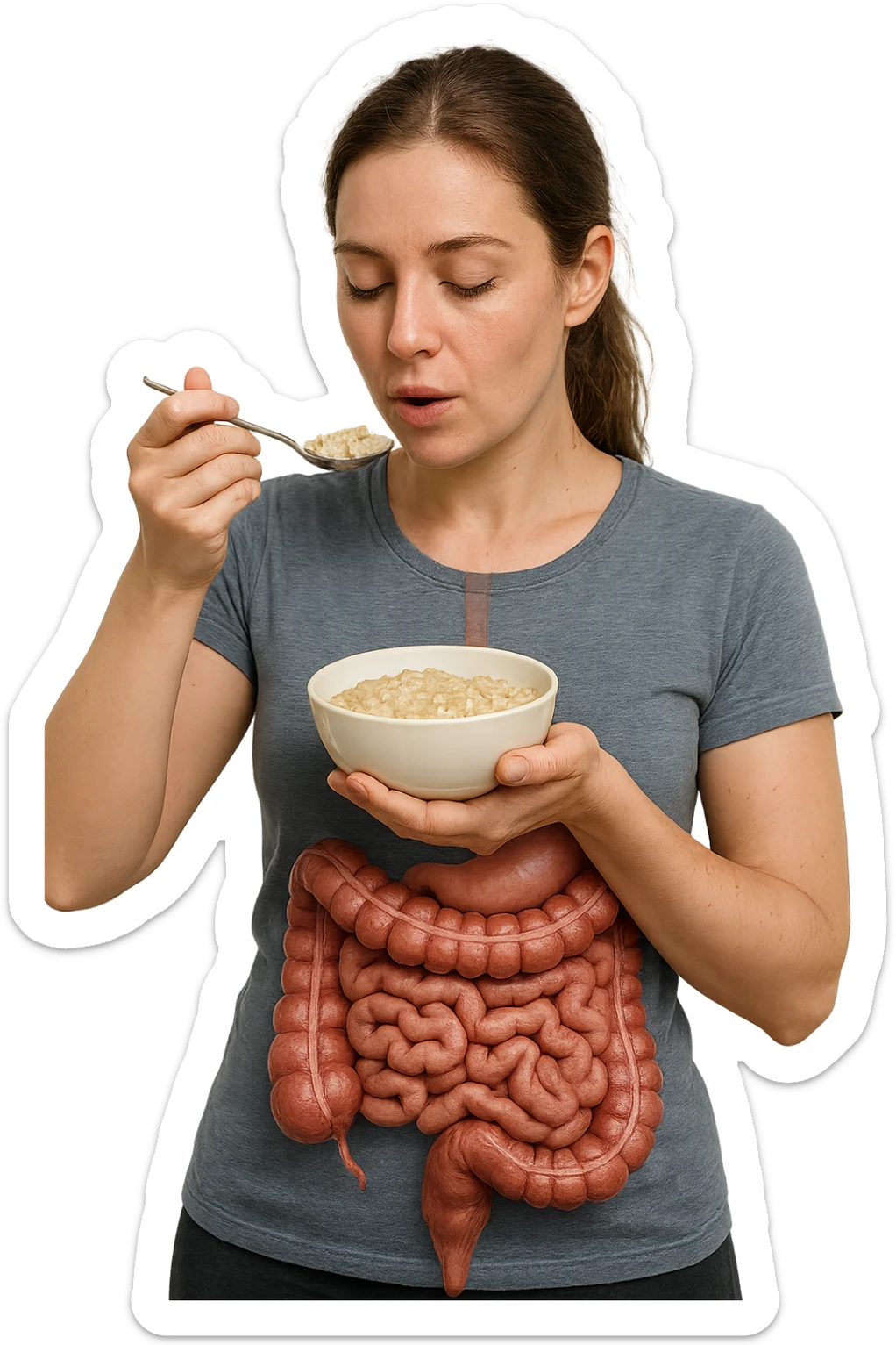 DONNA REALISTICA IN PIEDI CON INTESTINO UMANO ANATOMICO IN EVIDENZA CHE MANGIA UN PORRIDGE DI AVENA, iperrealistico 4k, SFONDO BIANCO sticker