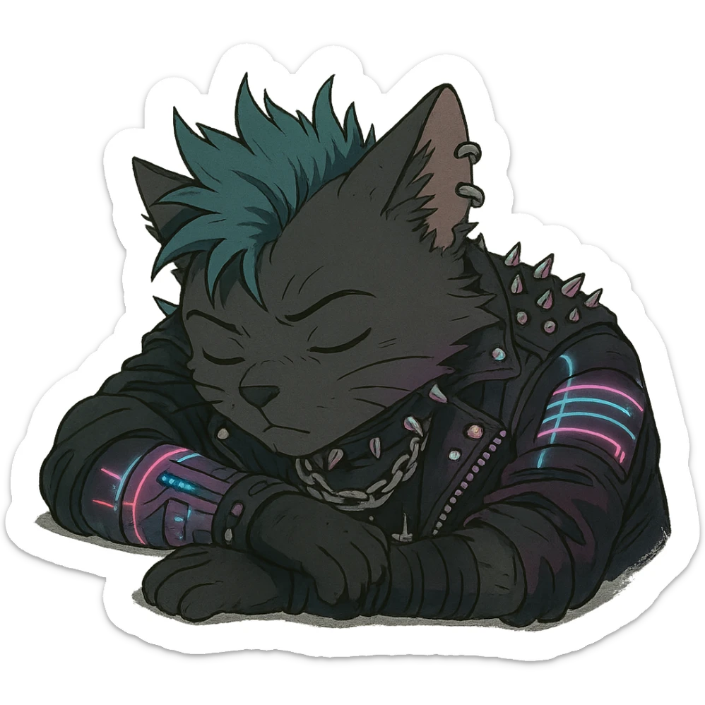  a anthro cat laying down his head to nap, punk gothic style, futuristic cyberwave cyberpunk, sticker