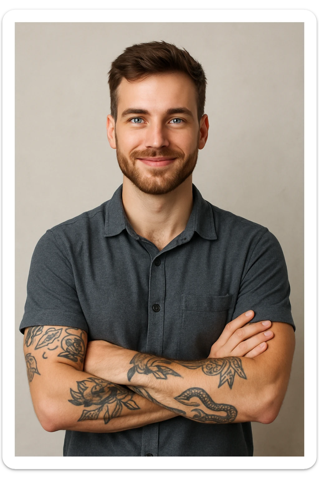 A man, 25, blue eyes, brown hair, short beard, arms crossed, smiling, tattoos visible on his left arm, confident expression. sticker