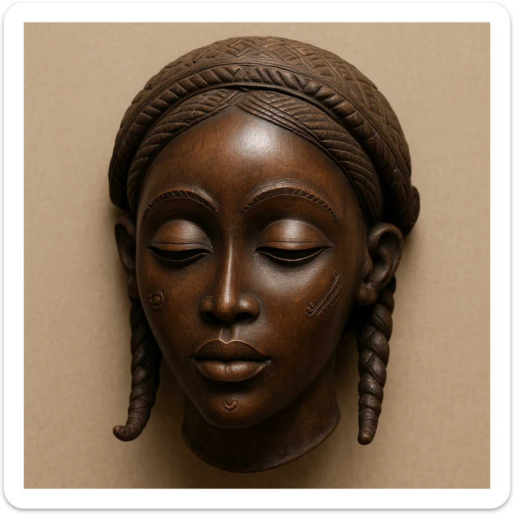 Mwana Pwo mask, Cokwe people, Angola, classic African mask, smooth wood, expressive feminine face, cultural symbolism, minimal background sticker