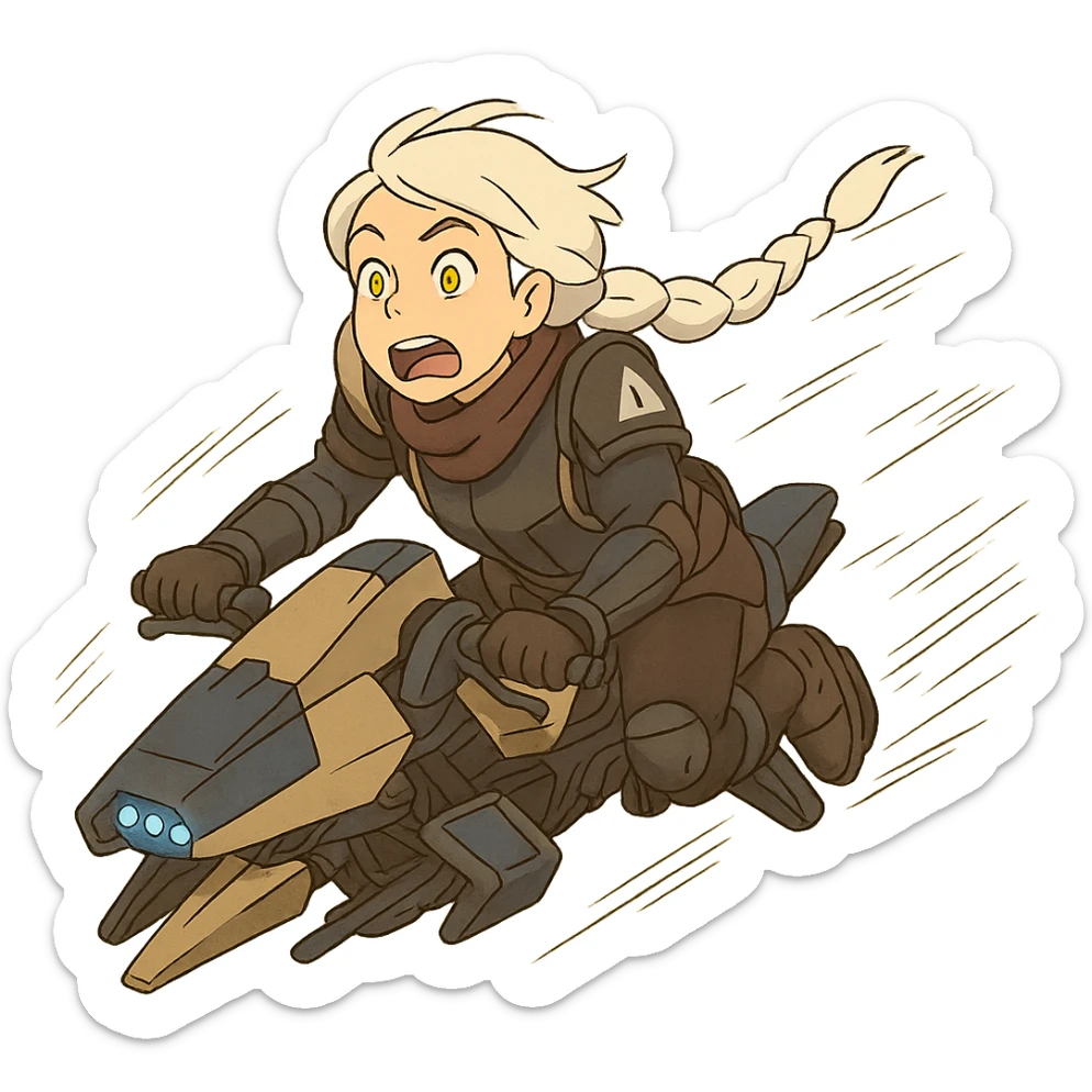 1 female, white hair long braid, gold yellow eyes, no helmet, a novice warlock from Destiny 2 armor,, futuristic technology,, level 1 warlock, flying out of control on a sparrow sticker
