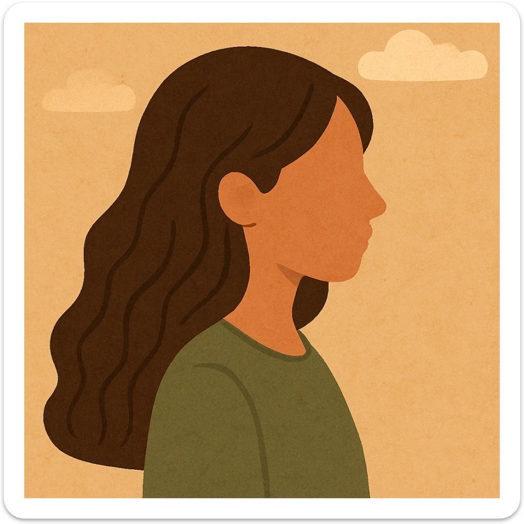 Make the faceless Asian woman with long, wavy hair face sideways in flat warm colors style. sticker