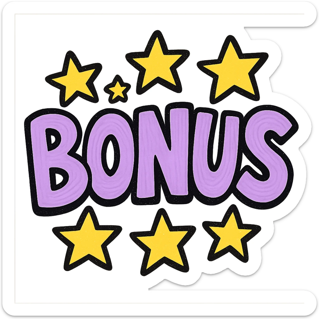 the word BONUS in large letters, all the same vibrant color, surrounded by stars, no background or sign behind, just the letters and stars, vibrant cartoon style QUIERO EXACTAMENTE IGUAL SOLO QUE LAS LETRAS DEBEN SER VIOLETA PASTEL Y LAS ESTRELLAS AMARILLAS sticker