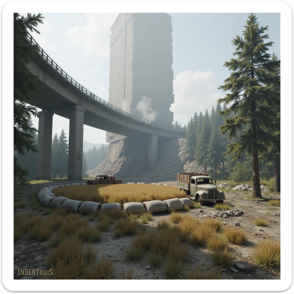  a screenshot of a location in a videogame  the image of the scene consists of: [a tall above-ground freeway collapsed], a wooded area, a small field of wheat, sandbag barricades. distant smoke. uneven terrain, derelict vintage work trucks, more distant smoke sticker