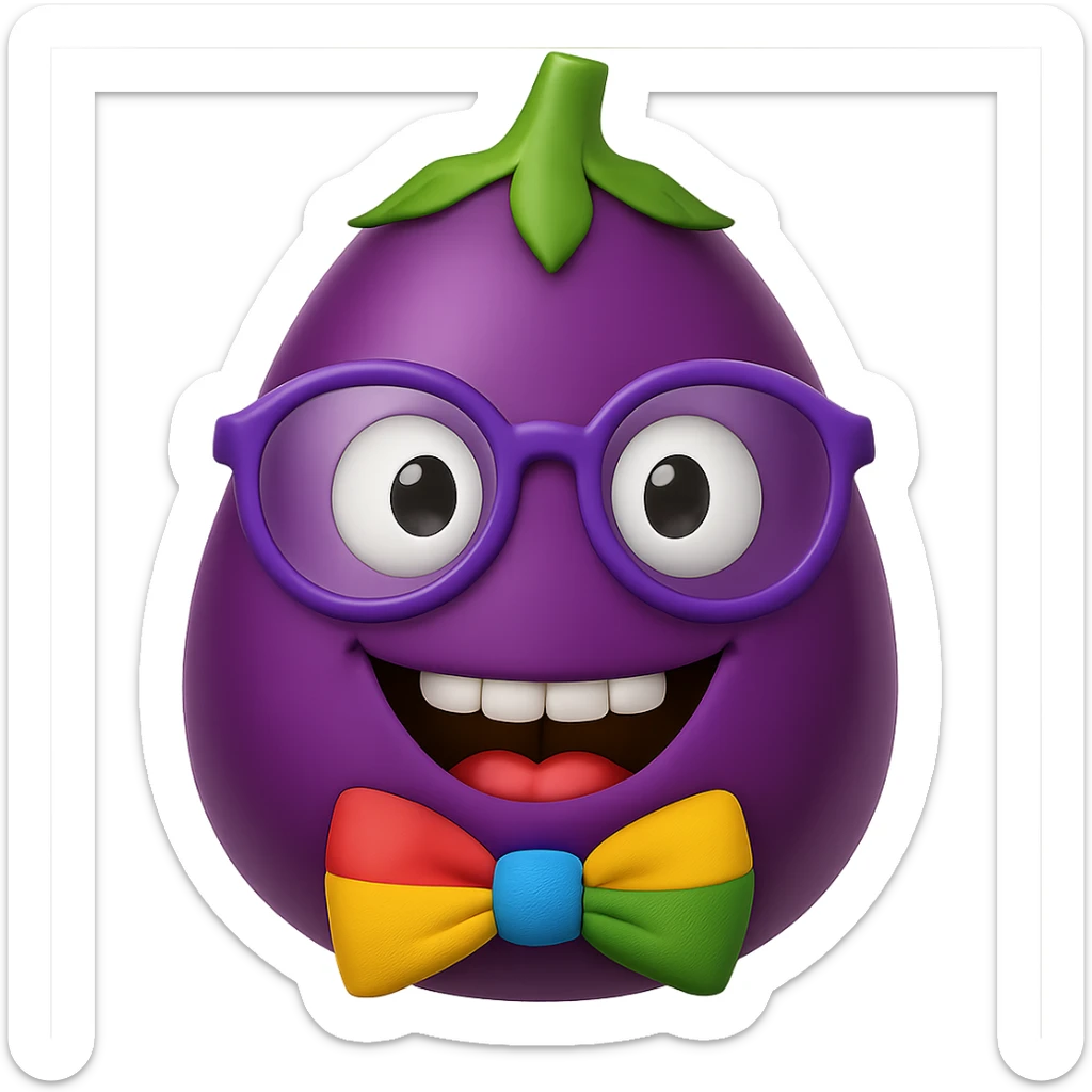 Add a colorful bow tie to the eggplant with nerdy glasses and goofy teeth, keep the background transparent. Maintain the original style and transparent background. sticker