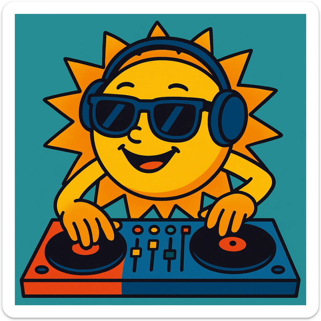 The Sun as a DJ, hands on a mixing board, big sunglasses, vibrant toon style sticker