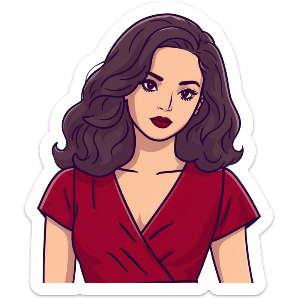 High-profile artistic woman with radiant complexion, long voluminous dark hair with soft waves, large almond eyes with bold eyeliner, defined brows, glamorous red lipstick, wearing sophisticated wine red velvet dress with V-neckline, elegant confident expression sticker