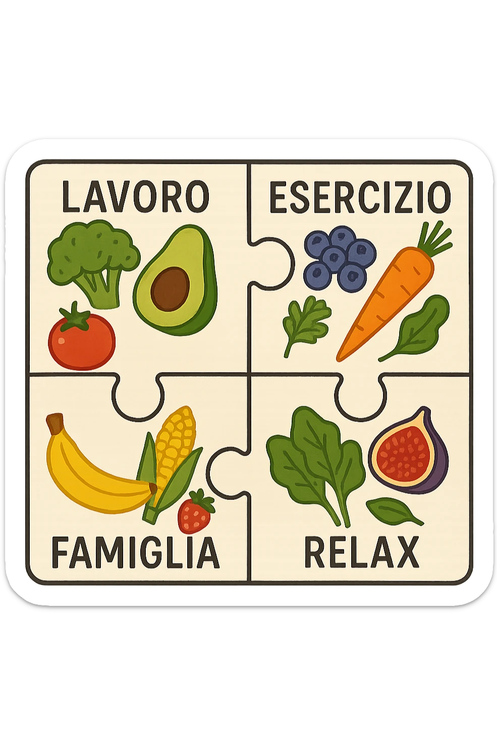 Puzzle (Lavoro, Esercizio, Famiglia, Relax), and healthy foods are integrated into each piece. in italiano sticker