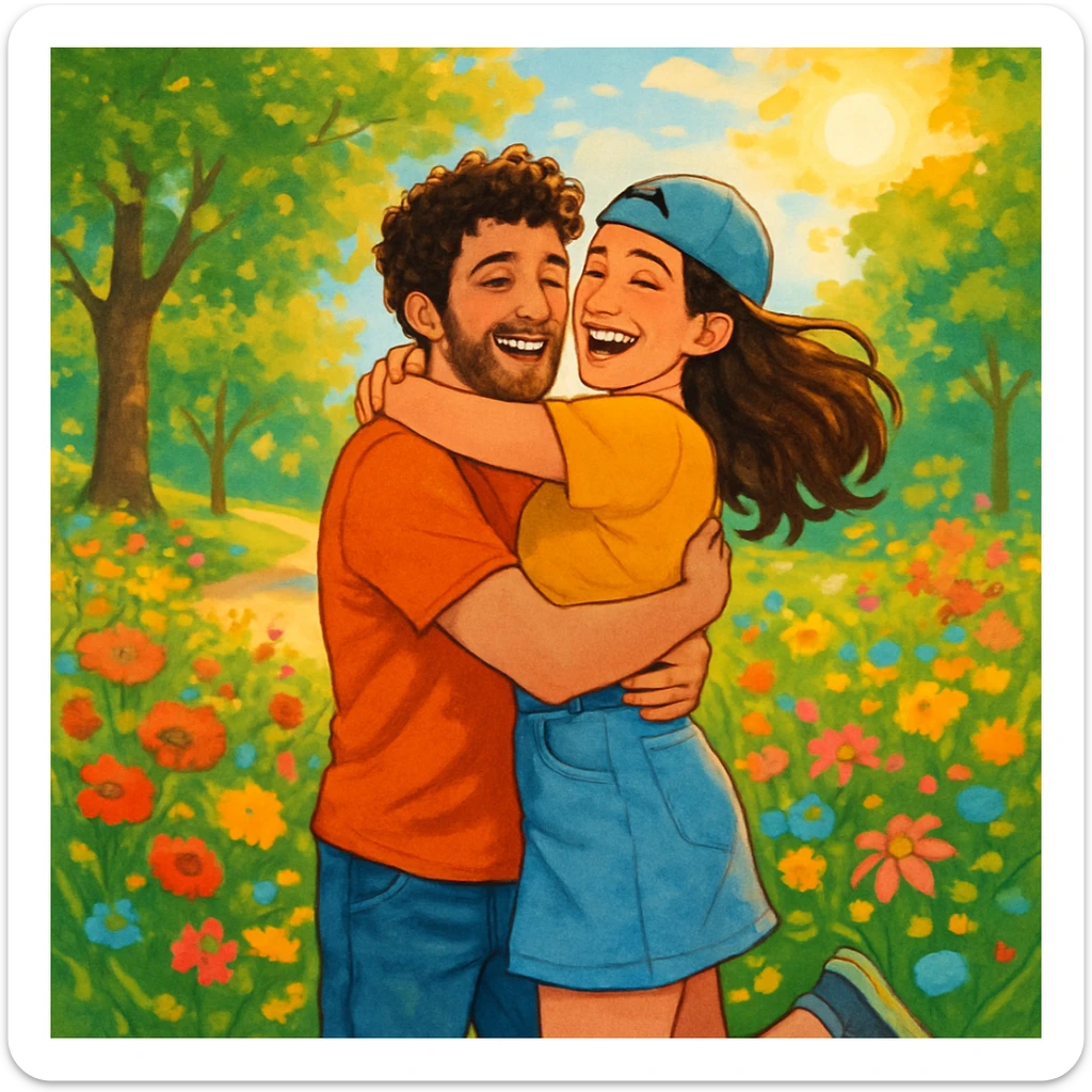 a couple hugging in a park, playful and colorful, bright and joyful atmosphere sticker