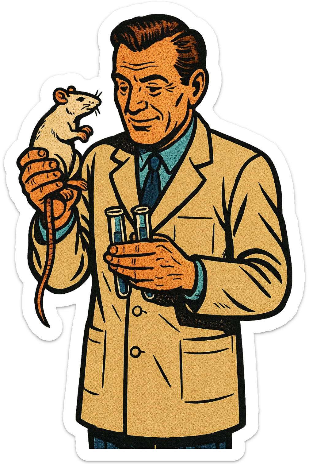 a full body of 1940s caring scientist holding a lab rat and test tubes sticker