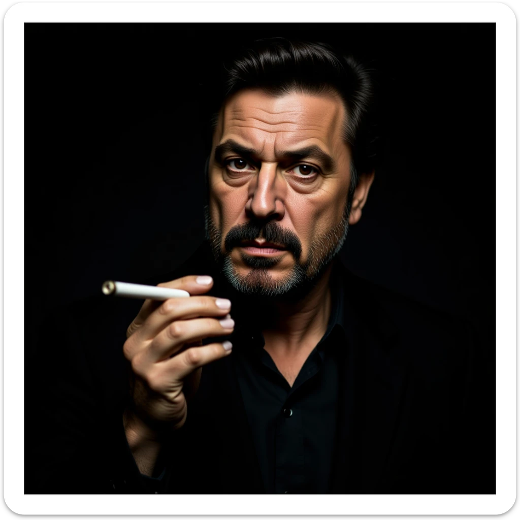 realistic portrait of a man inspired by Robert De Niro in Goodfellas, holding a cigarette, moody lighting, intense gaze sticker