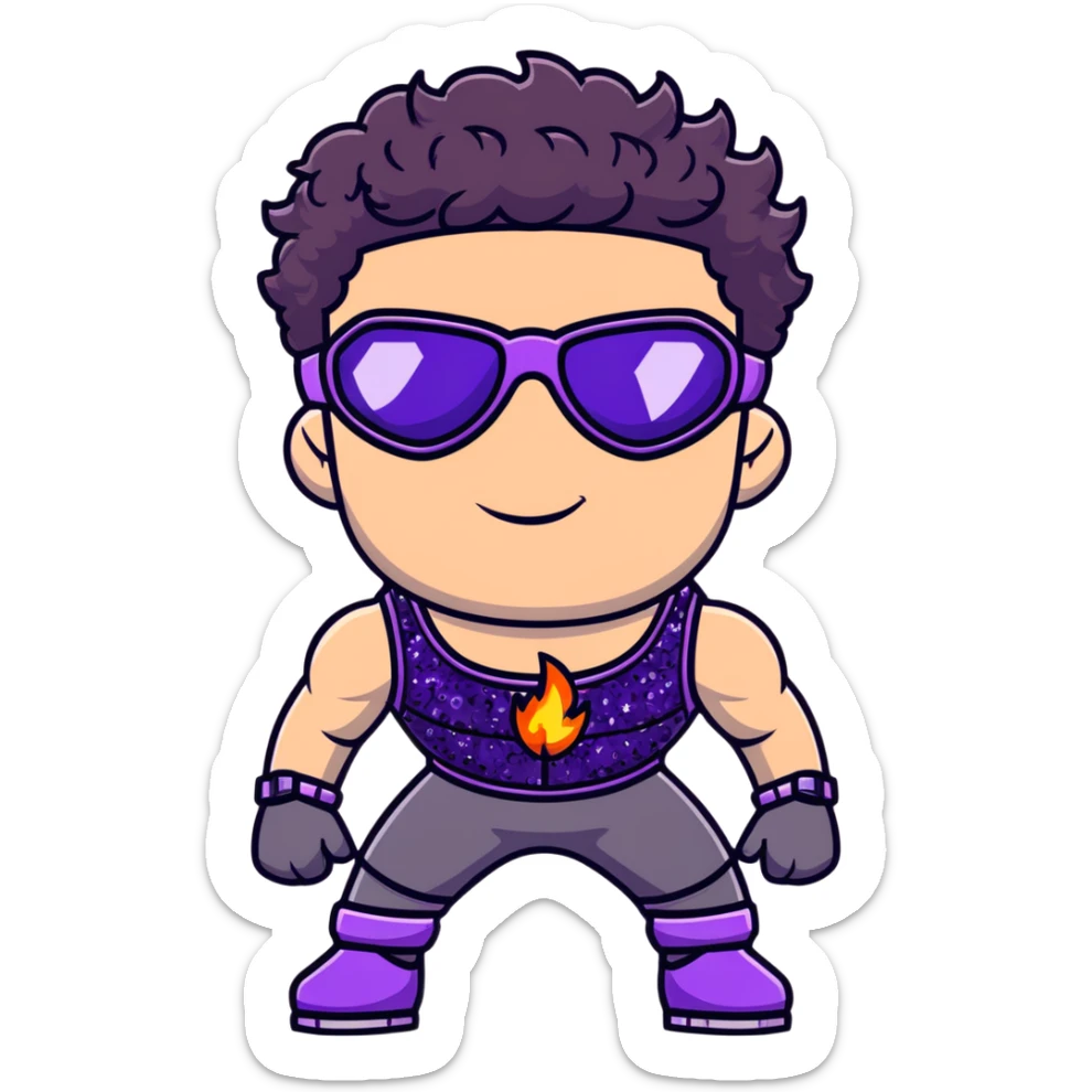 close-up of cool guy male athlete with white skin and moderately curly dark brown hair on top with shaved sides, with one purple ski goggle lens pushed up above his eyes on his forehead, with an arrogant smug smirk on his face, wearing only a plain black chain necklace around his neck, and a completely unzipped sleeveless vest with purple and black sequin fire pattern design with no logo, clearly showing he is shirtless underneath with exposed chest and abs sticker