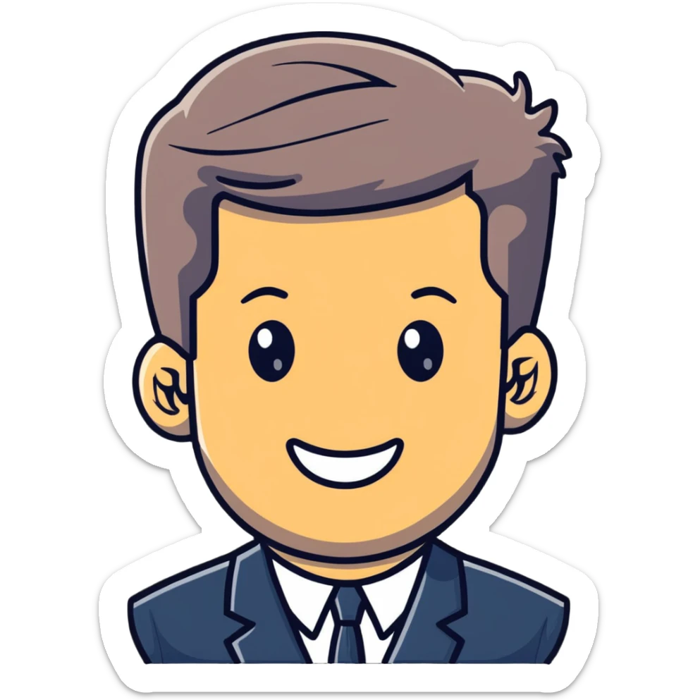 John F. Kennedy portrait with his classic hairstyle and smile sticker
