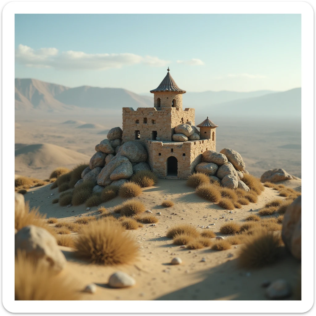 A small hilltop mesa city in the videogame dayz, screenshoot  sticker