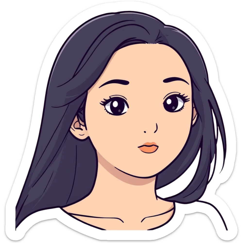 White girl with long oval shaped face, large almond shaped eyes with long eyelashes, long straight black hair falling in front of her bare shoulders, face closeup sticker