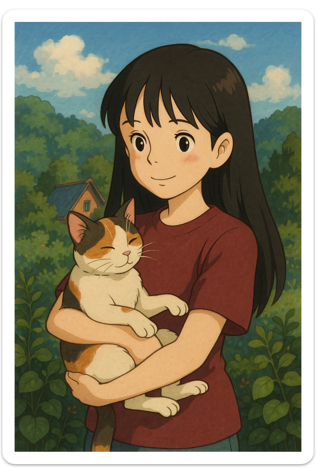 cute girl with straight long black hair, wearing a maroon shirt, carrying a cat, charming illustration style sticker