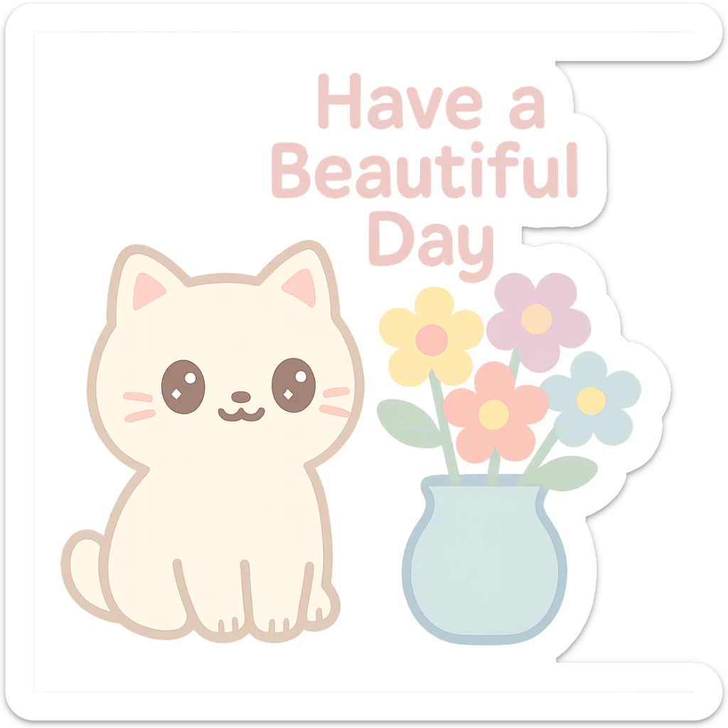 A cheerful cat sitting next to a vase filled with colorful flowers, with the text "Have a Beautiful Day". The image should convey happiness and positivity. sticker