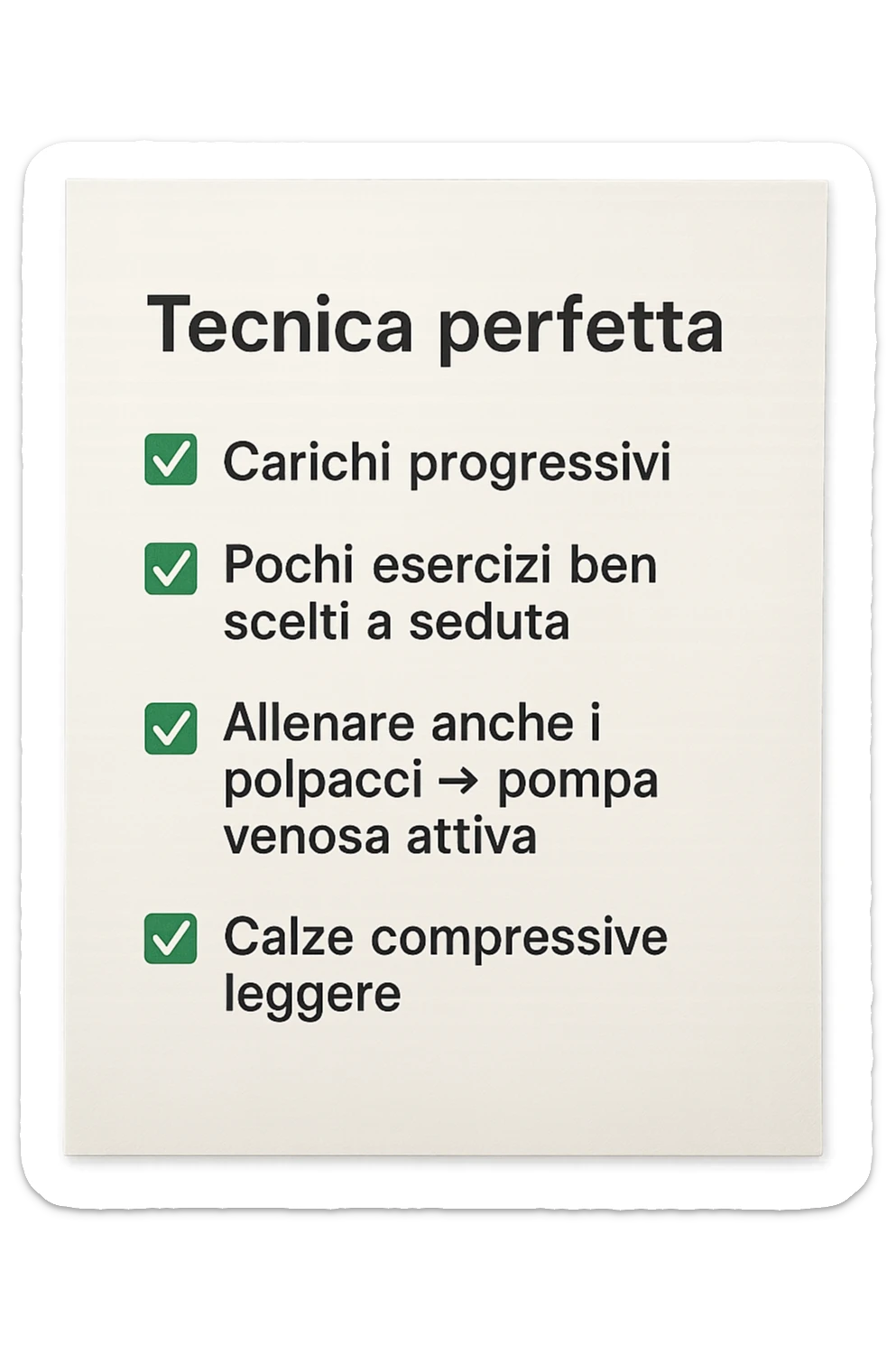 FOGLIO DI CARTA PER L'ALLENAMENTO IN PALESTRA CON LA SCRITTA "Tecnica perfetta
 ✅ Carichi progressivi
 ✅ Pochi esercizi ben scelti a seduta
 ✅ Allenare anche i polpacci → pompa venosa attiva
 ✅ Calze compressive leggere" , IPERREALISTICA 4K sticker