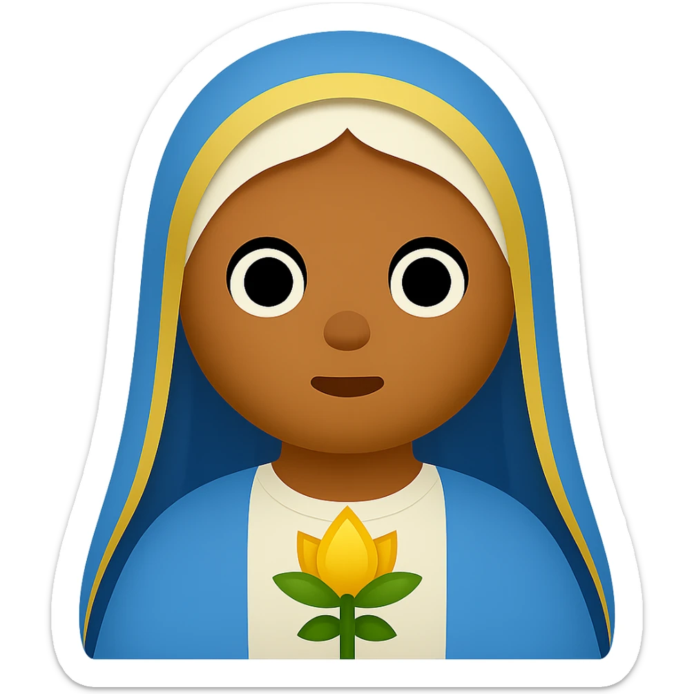 Edit the image of Virgin Mary to have olive tanned skin with simplified emoji traits, a round face, minimal details, large eyes, and a small mouth. Remove the background. The style should resemble a simplified emoji look with minimal details and a clean appearance. sticker