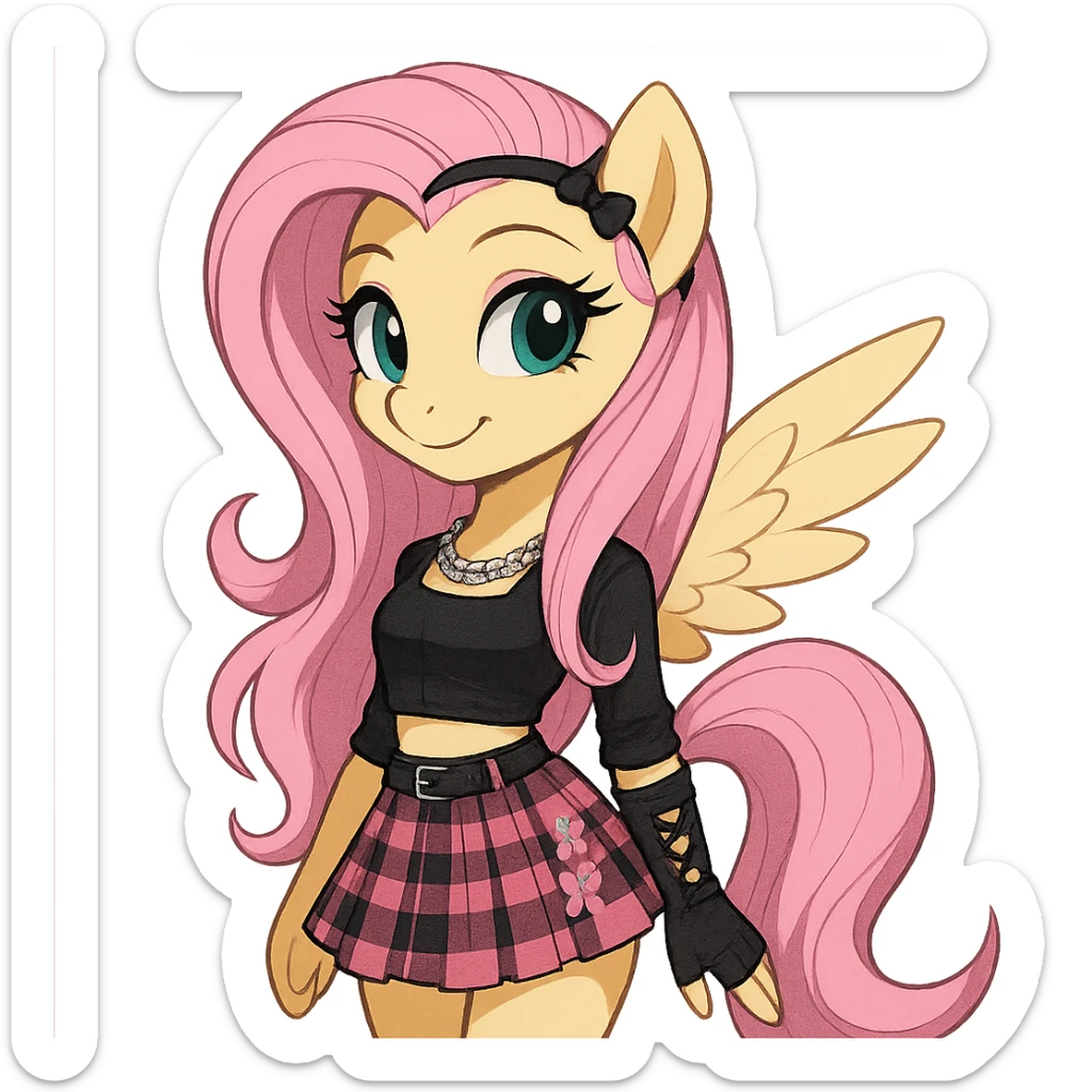 Fluttershy in a Blackpink-inspired style, standing and smiling, with pink and black accents, transparent background sticker