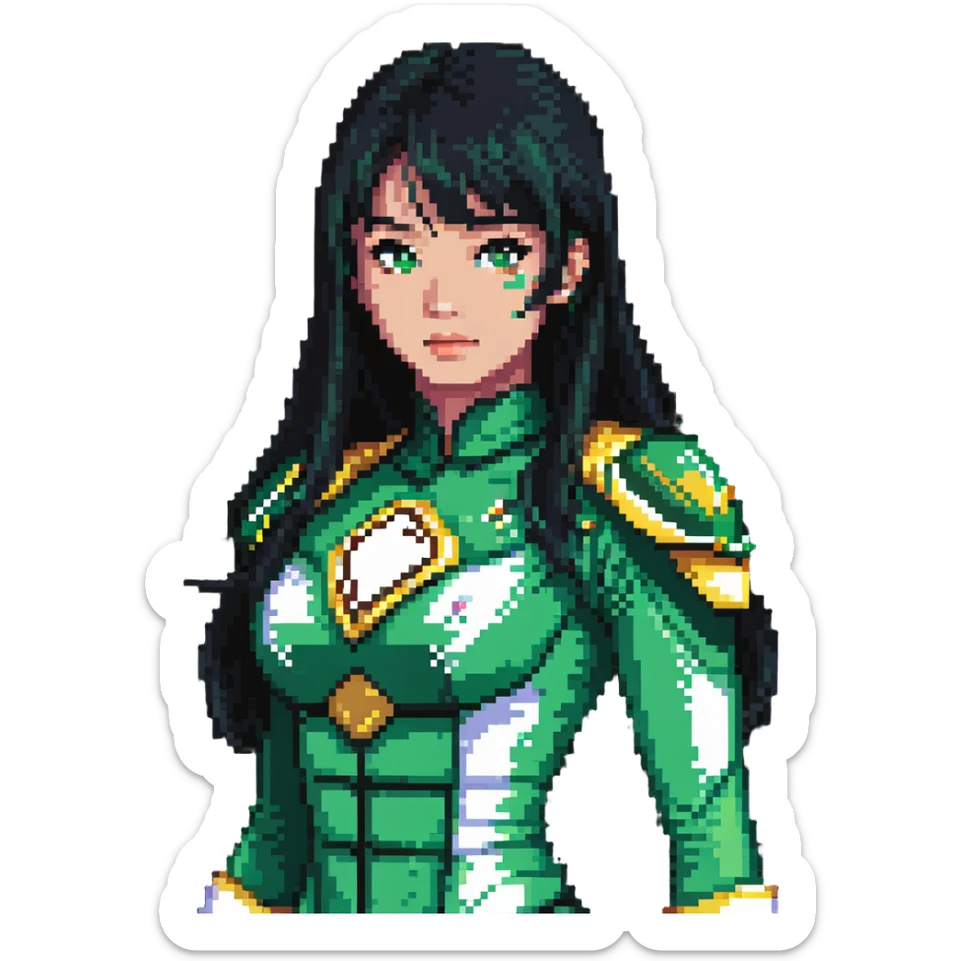 wasian girl in a green Power Ranger suit, black straight hair, black eyes sticker