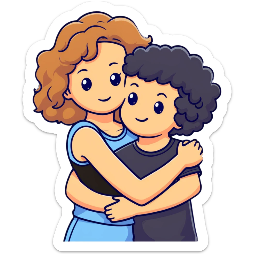 girl with long light brown hair and pale skin hugging a boy with black curly hair and tanned skin sticker