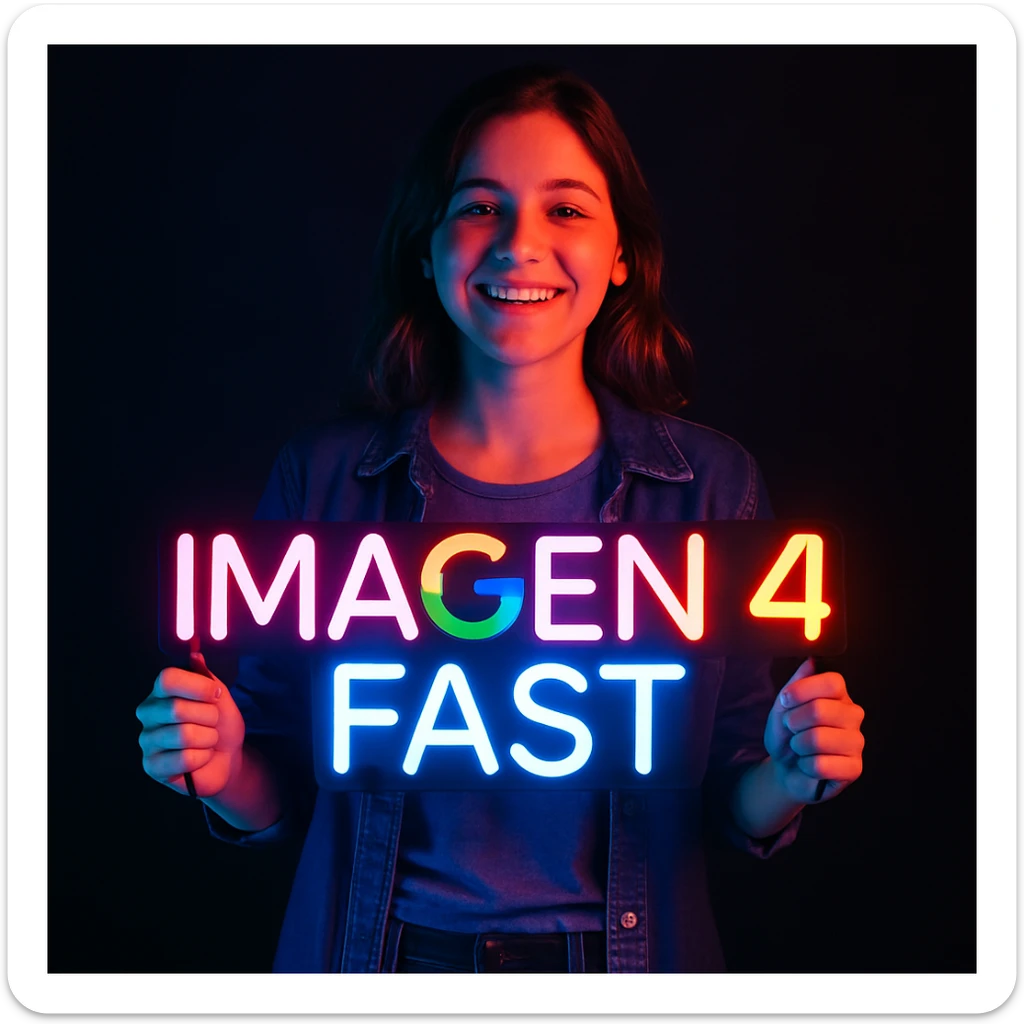 make a girl holding this sign, but sign in made of neon, also add fast below the sign sticker