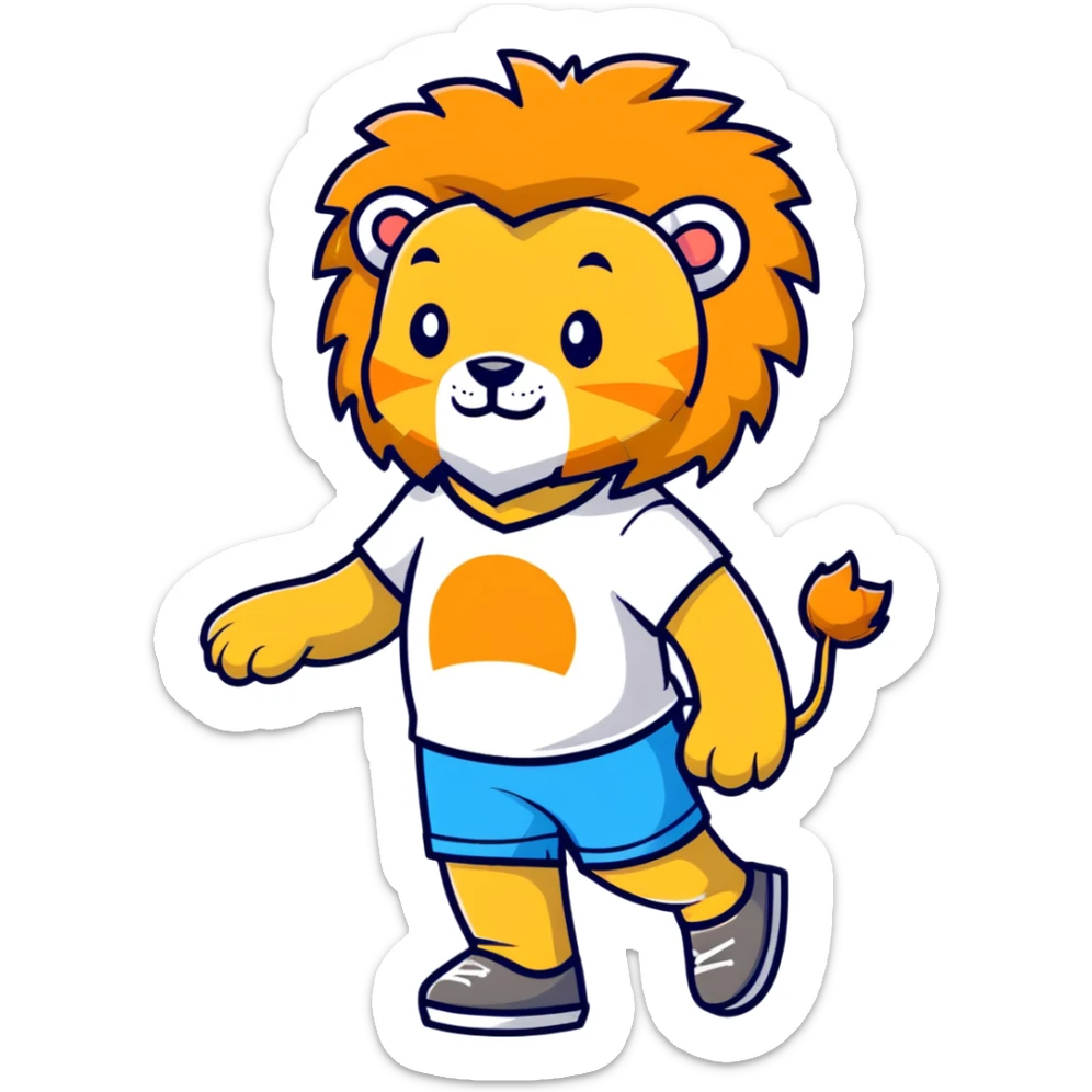 retro 1930s anthropomorphised lion in a t-shirt and shorts walking, black and white sticker