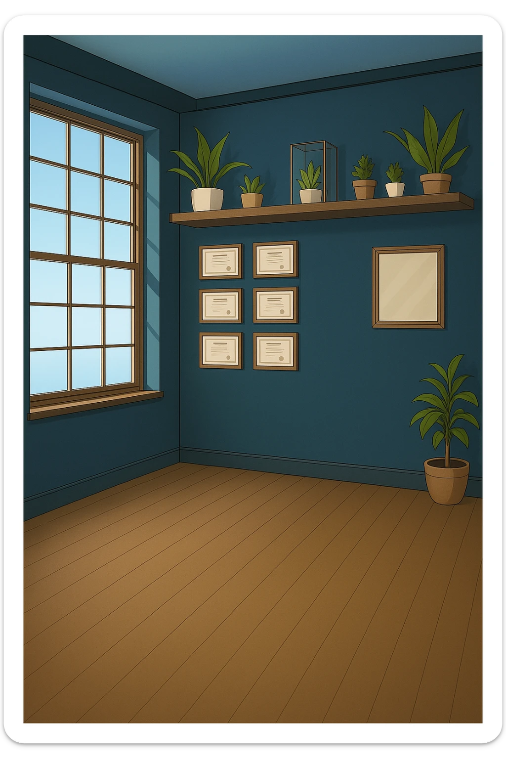 PRENDI SPUNTO DAI COLORI E DALLO STILE DELLA STANZA CON L'UOMO CON IL CAMICE E faMMI QUESTA STANZA VUOTA STILE MANGA/WEBTOON A COLORI SENZA LE PERSONE, SOLO LA STANZA. FALLA MOLTO PIù LUMINOSA, NON LUCI GIALLE sticker