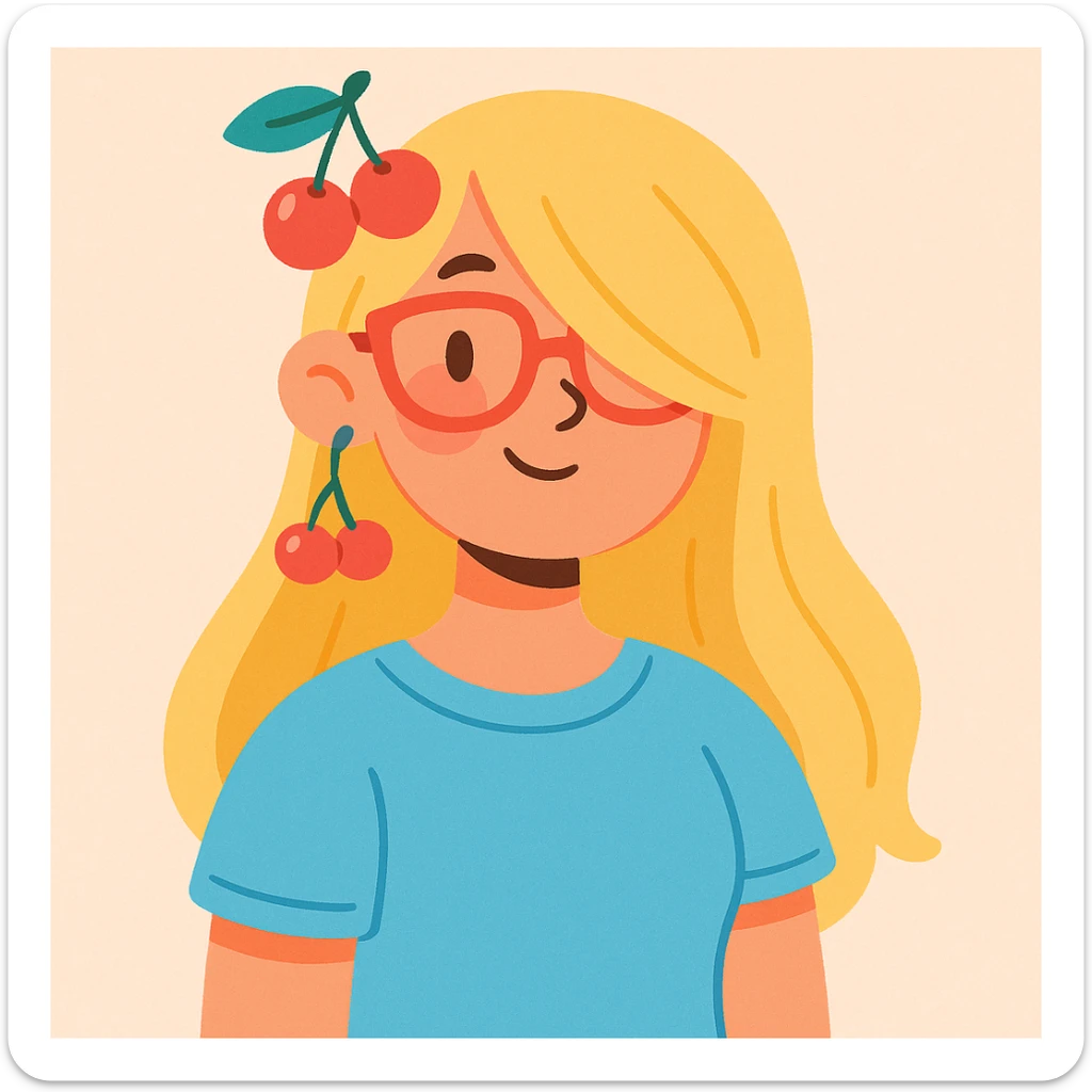 A woman with long blonde hair covering one eye, baby blue shirt, cherry accessories on her head, and red glasses, soft pastel illustration style sticker