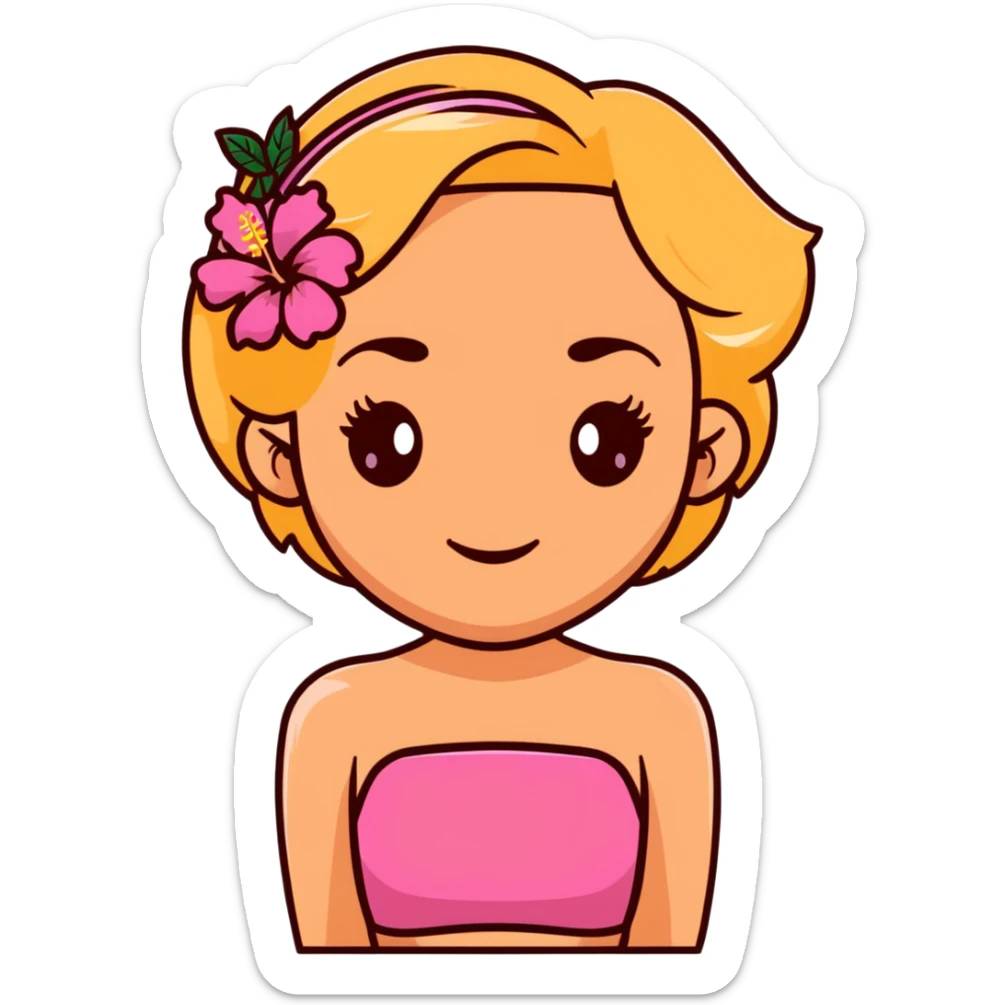 tan girl with dark brown hair and blonde highlights with a hibiscus flower in her hair wearing a pink tube top with tan lines showing sticker