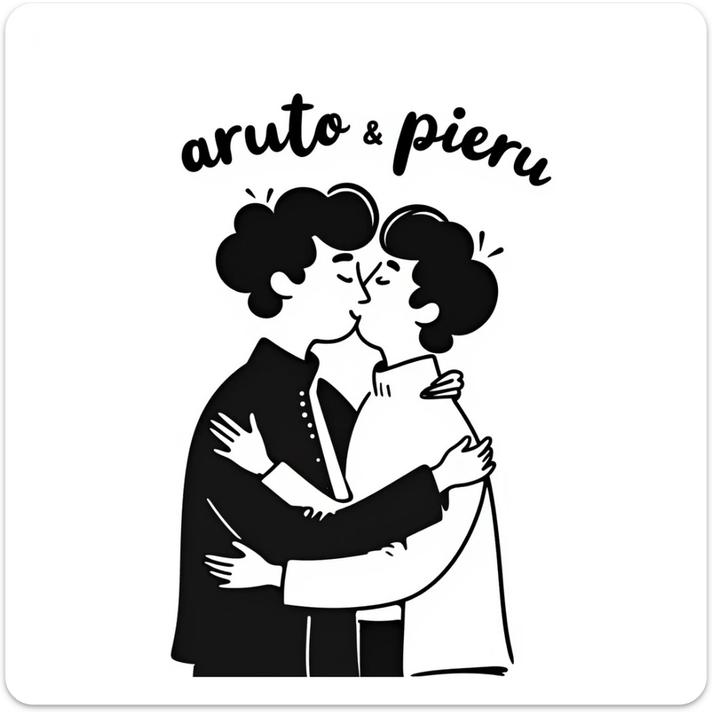 a gay couple kissing, with 'aruto & pieru' written above, in a hand-drawn doodle style sticker