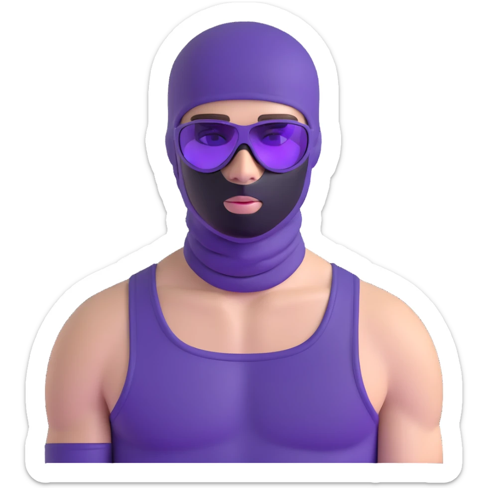 shirtless athletic man with white skin, wearing a purple balaclava face mask and purple sunglasses with black tinted lenses sticker