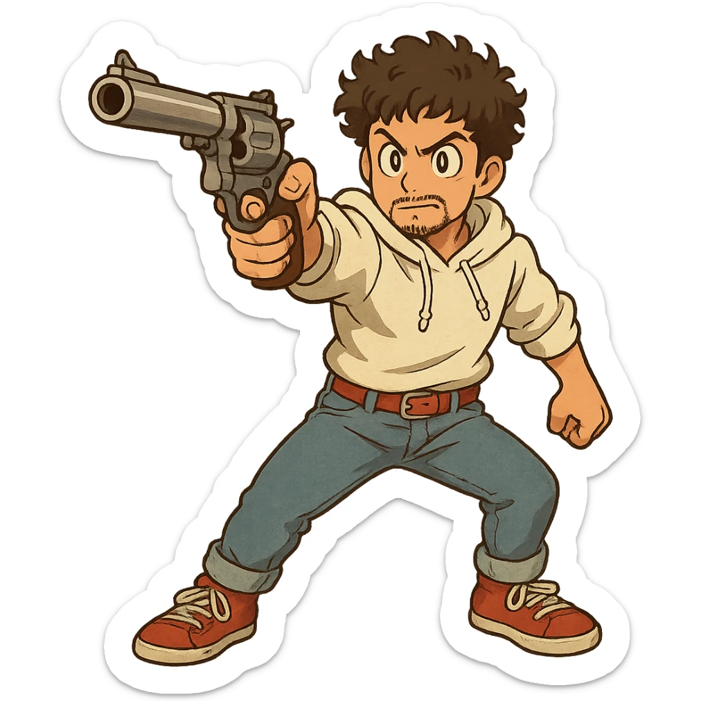 1 male, mid fade haircut dark chestnut brown curly hair, toasted lightskin, white hoodie sleeves up, fashion jeans, red fashion-sneakers shoes, red belt, short trimmed beard and goatee,  style of deku from "my hero academia", drawing a magnum revolver like dirty harry, twtich emote sticker