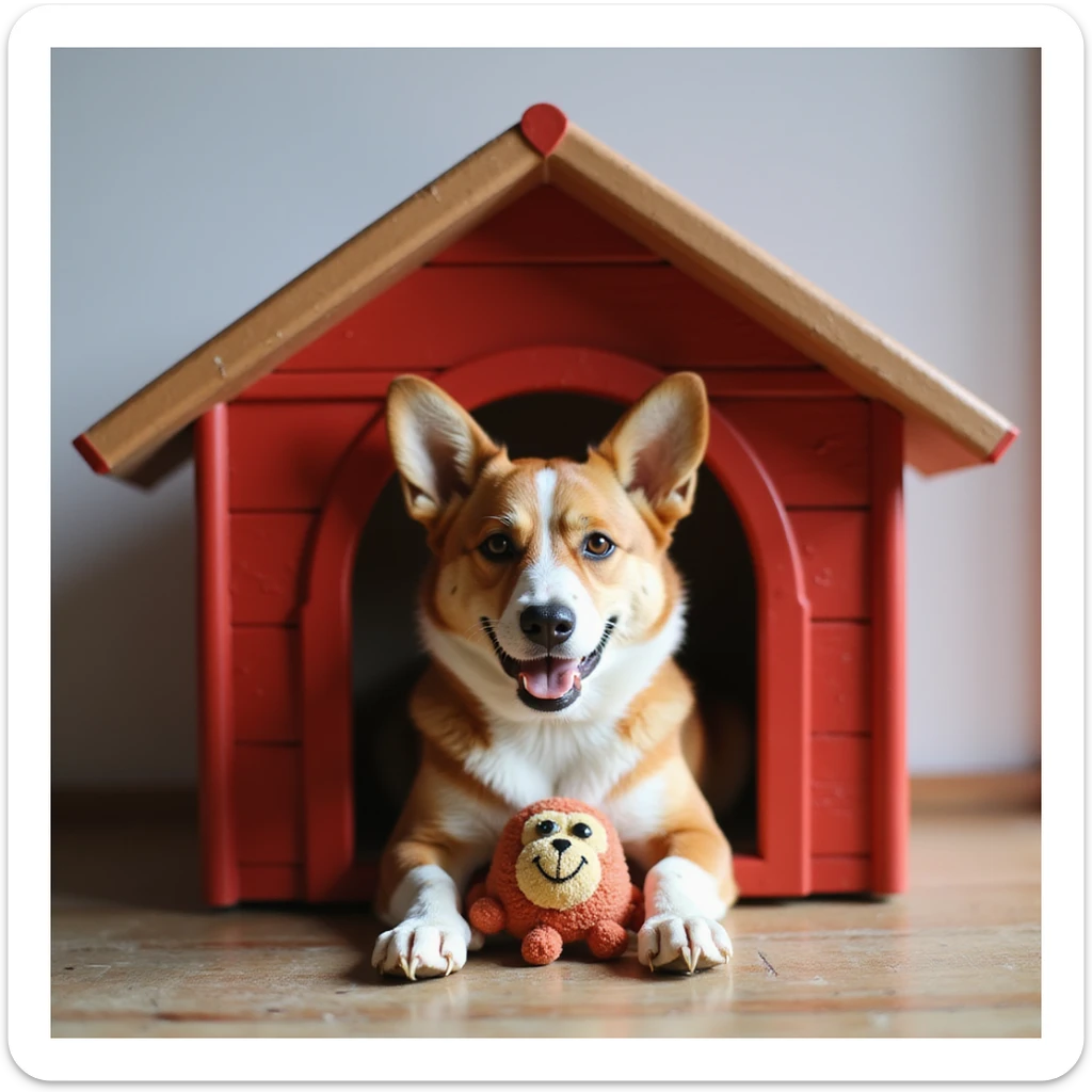 realistic red dog house with a Corgi dog inside, Corgi with a toy, photorealistic style sticker