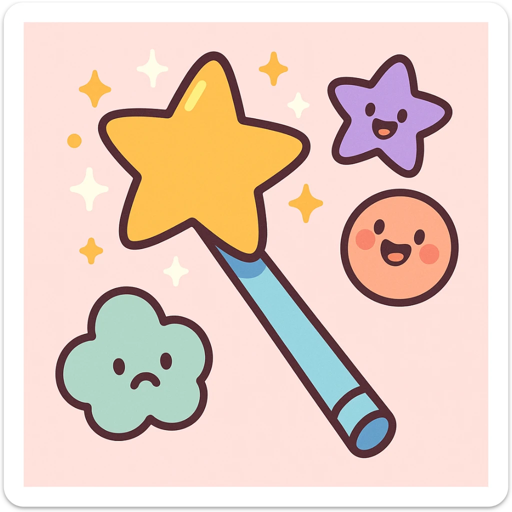 cartoon-style magic wand with a golden star at the tip, sparkling, pastel toon style sticker