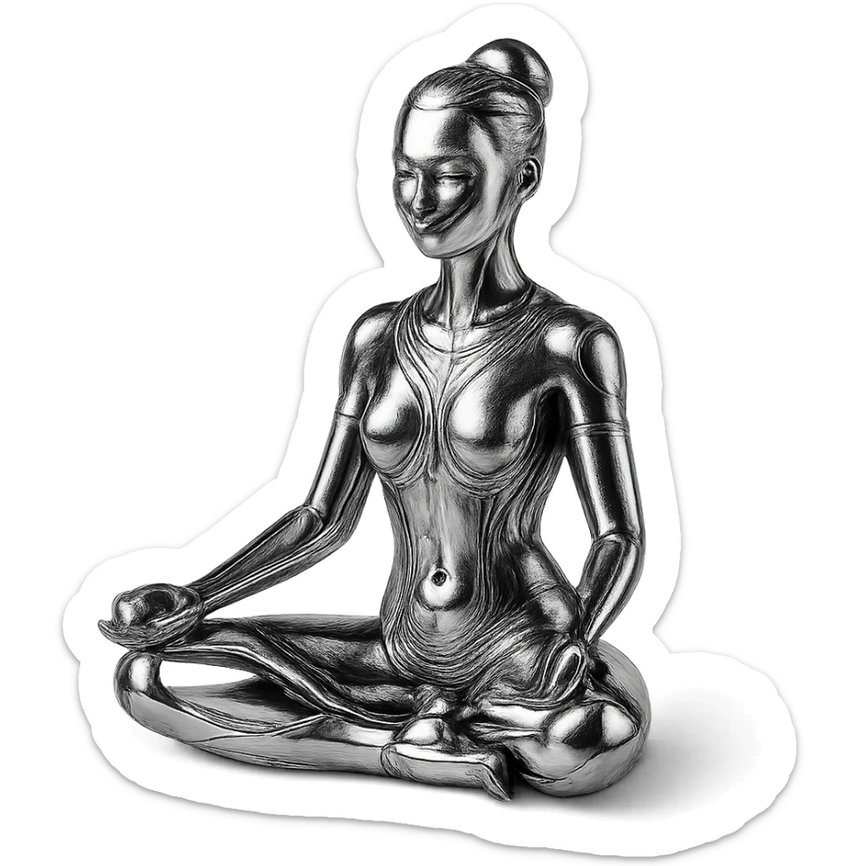 stylized chrome statue of a woman meditating in the lotus position, futuristic and polished sticker