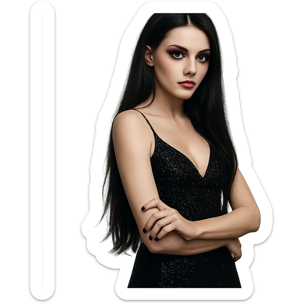 a girl with long black hair, shiny black night dress with glitter, purple makeup, dark red lipstick, edgy and mysterious, confident pose sticker
