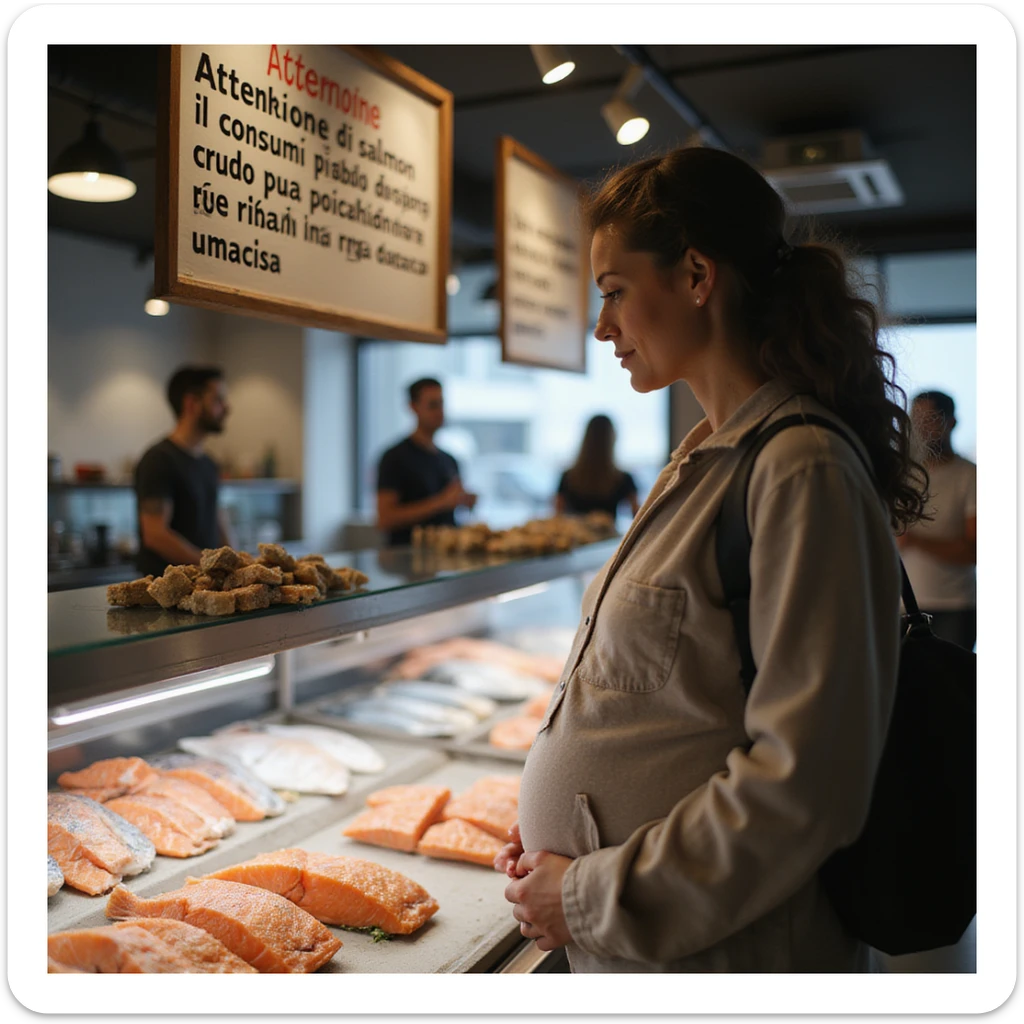 realistic pregnant woman in 4K observing the fish counter, the informational sign with the text: “Attenzione, il consumo di salmone crudo può comportare rischi in gravidanza” is in the foreground. sticker