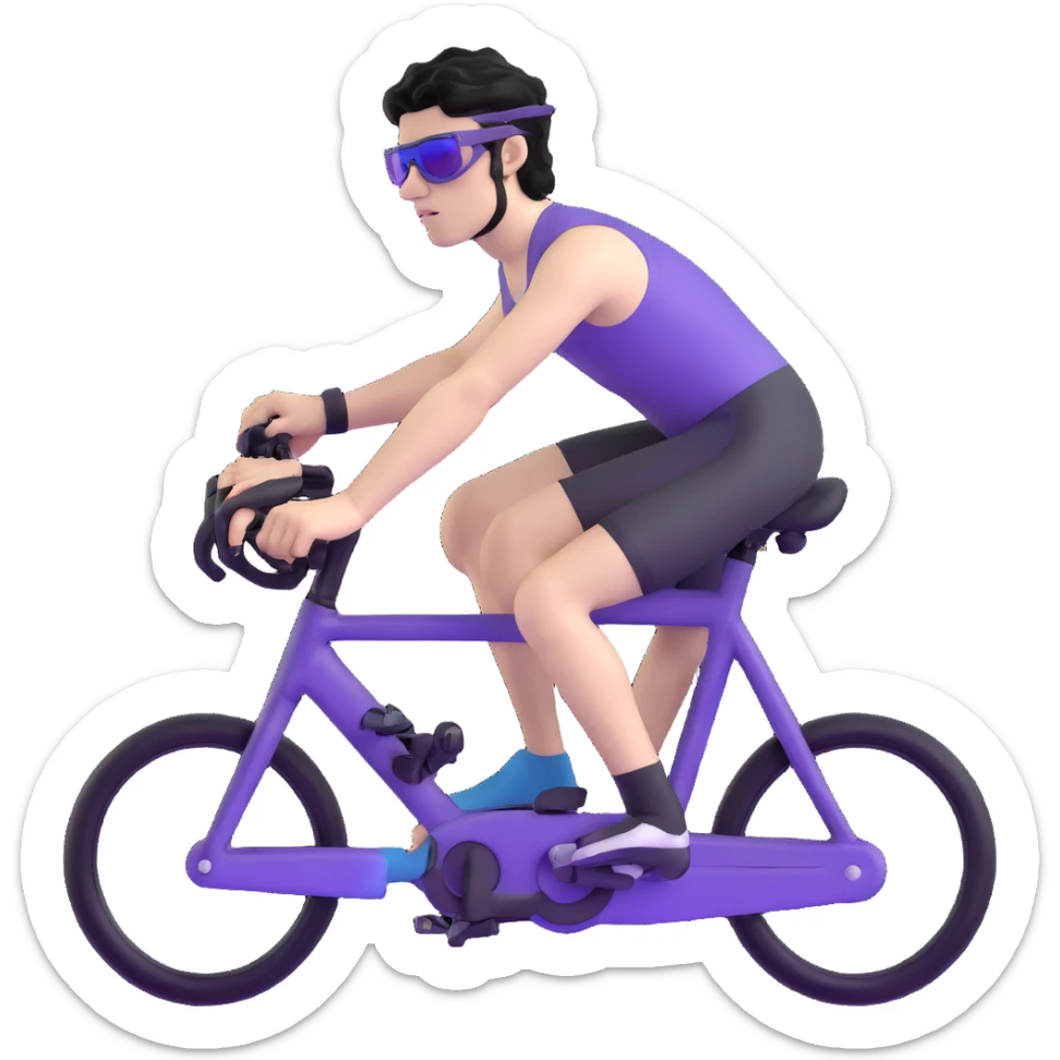 shirtless male athlete with white skin and moderately curly black hair on top with shaved sides, wearing purple bike sunglasses with black tinted lenses sticker