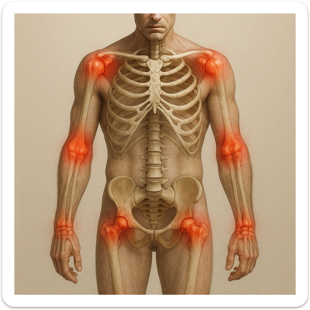 Create a series of 5 vertical images of a man (reference photo) with widespread joint pain, highlighting inflammation with an anatomical view. Show red zones on the joints, medical style, anatomical details, hyperrealism, variation 5. sticker