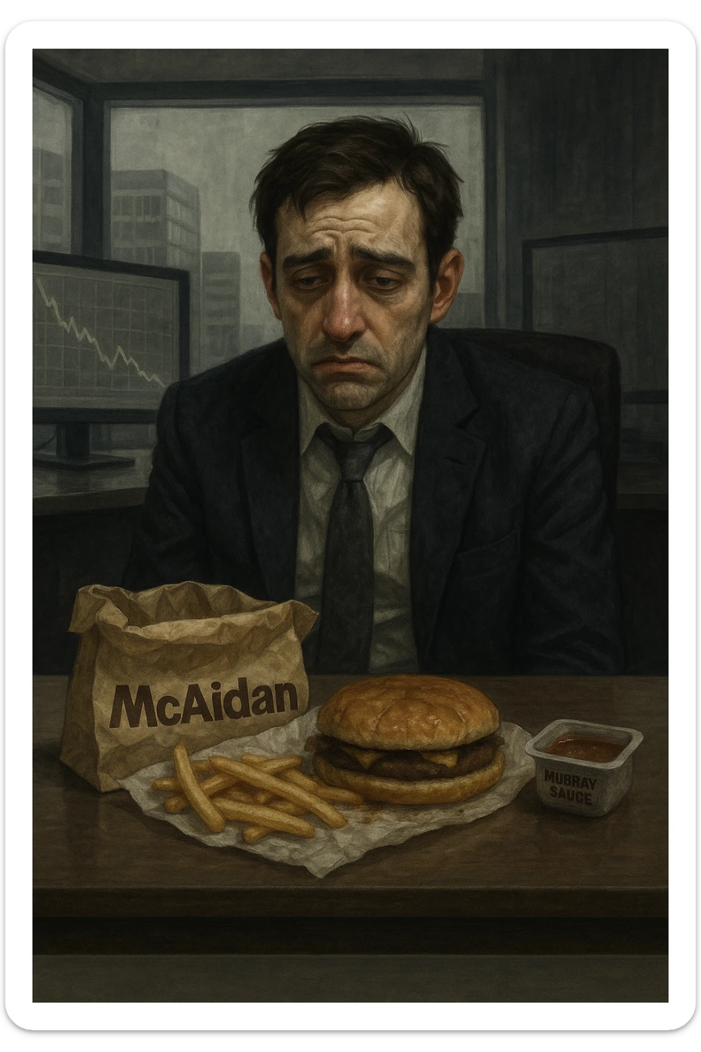 A depressed, anxious, and sad investment banker sitting at his desk, eating a depressing and soggy 'Mcaidan' meal with a side of 'Murray Sauce.' The food packaging is clearly visible, with labels on the wrapper of the Mcaidan meal and the side of Murray Sauce. The scene emphasizes the character's mood and makes the food look unappetizing. sticker