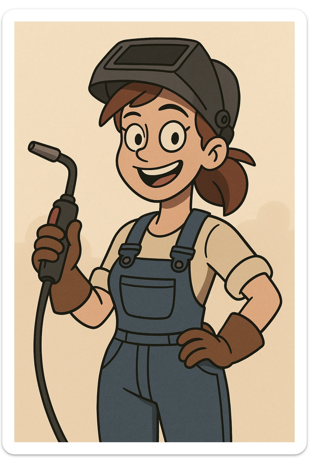 female welder, cartoon style, smiling, holding welding torch, blue overalls sticker